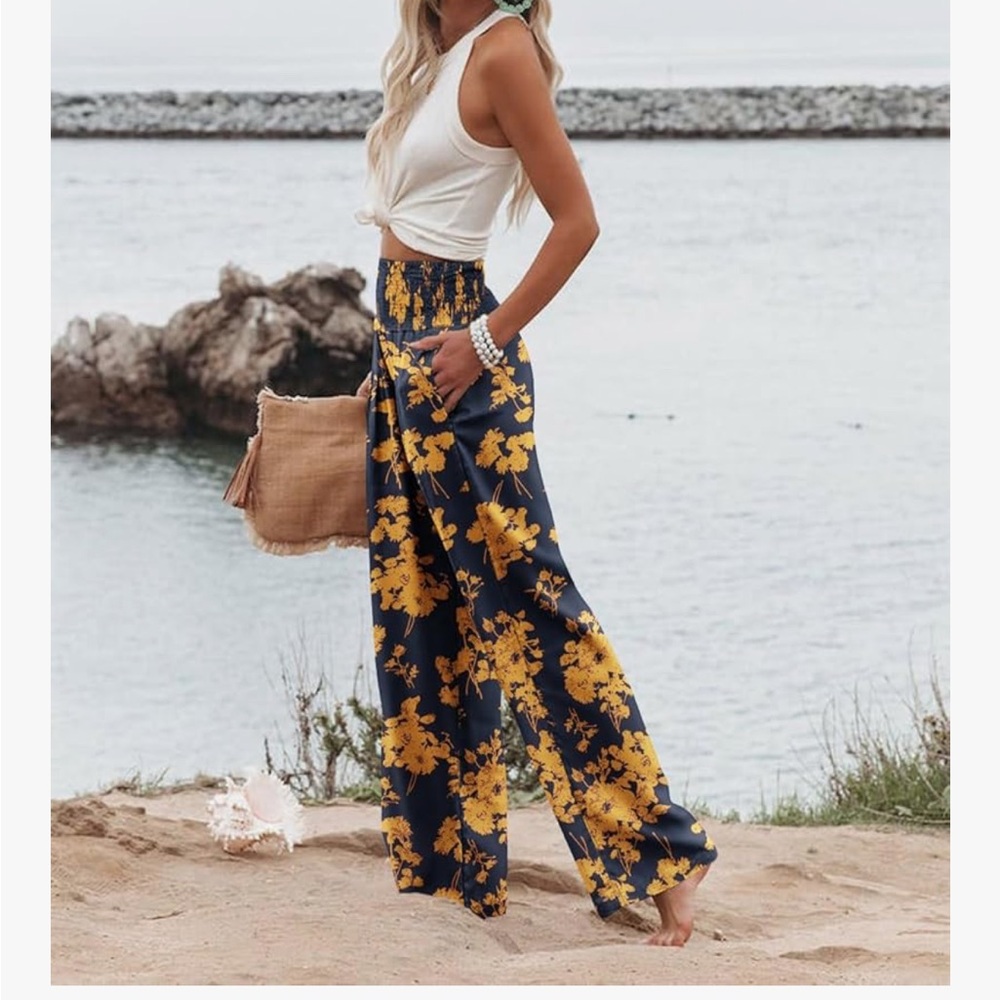 Navy and Orange Floral Palazzo Pants - Picture 5 of 10